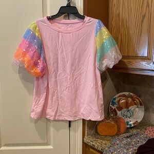Colorful Sequin Sleeve Pink Tee